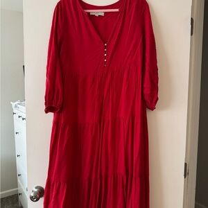 LOFT Red Long Sleeve Dress with Button Detail